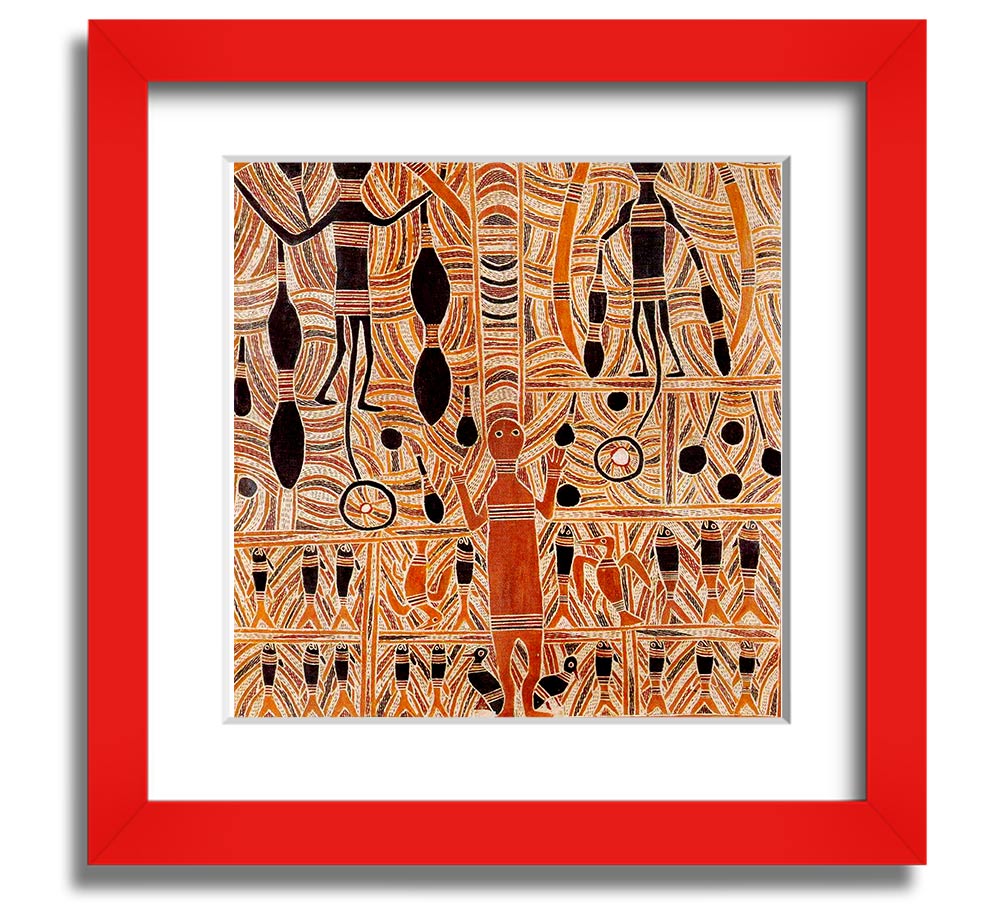 Aboriginal Marika Mathaman Square Framed Print showcasing vibrant colors and intricate designs, framed in a stylish border.